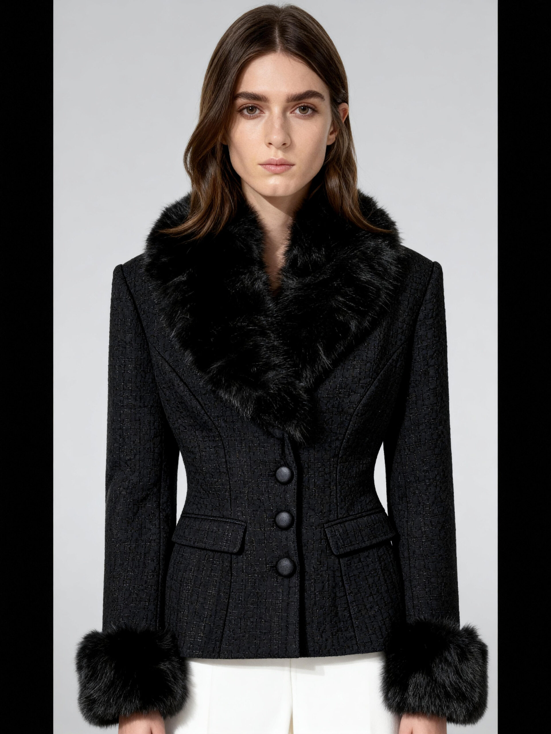 Tailored Black Wool Blazer with Faux Fur Collar & Cuffs