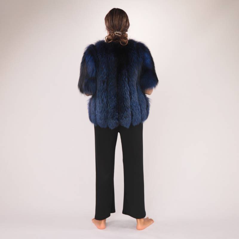 Elegant Navy Blue Real Fox Fur Coat – Short Style — image 4