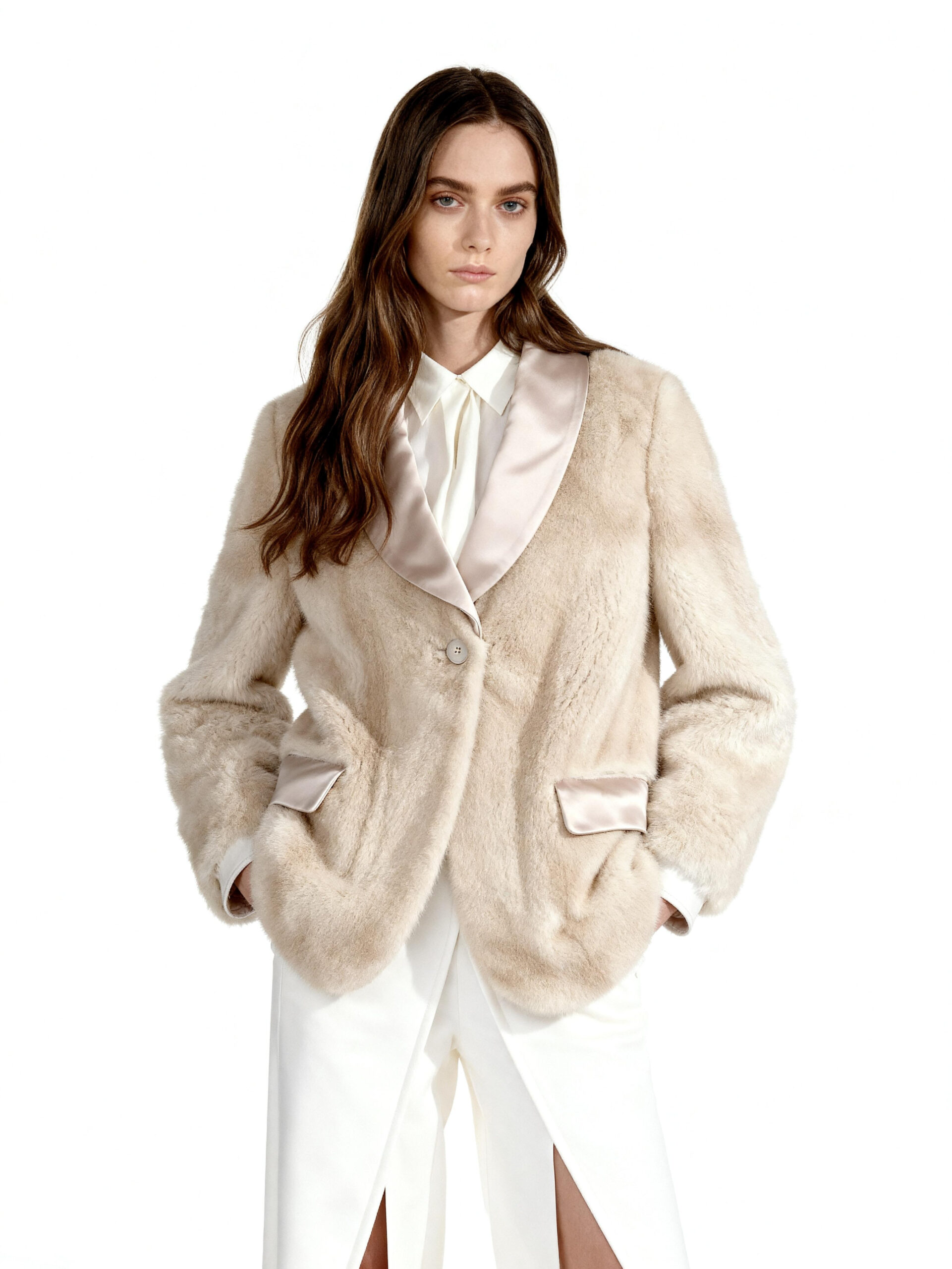 Beige Faux Mink Blazer Jacket Tailored Office Elegance