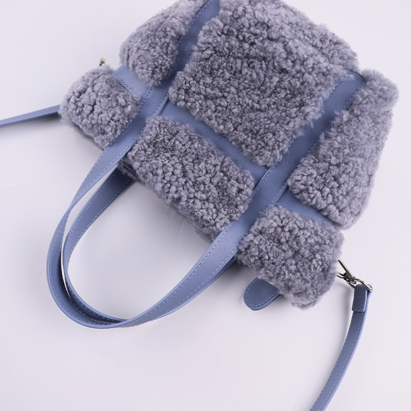 Premium Lamb Fur & Leather Tote – K-Style Soft Grid Texture in Lavender Blue — image 3