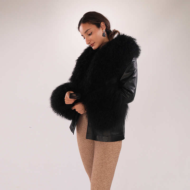 Mid-Length Real Sheepskin Leather Coat with Fluffy Wool Collar & Cuffs — image 3