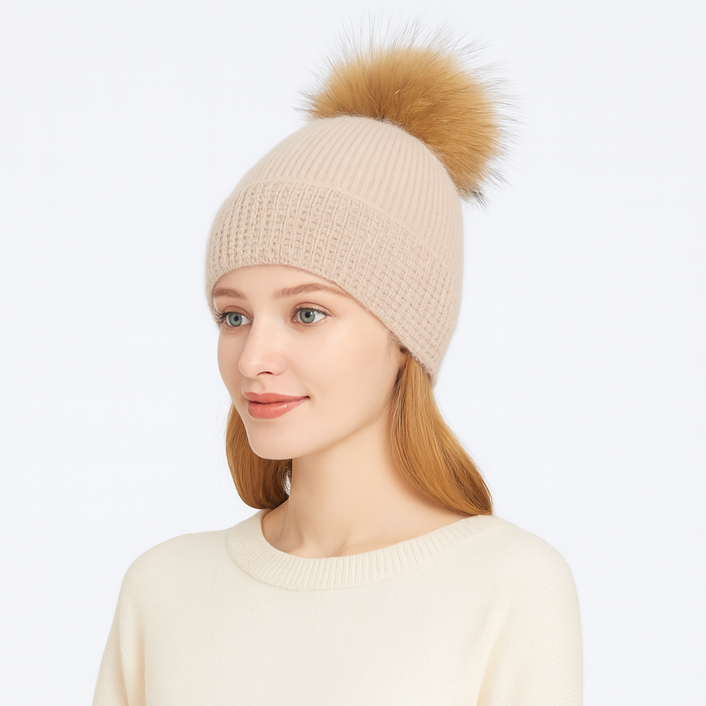 Wool blend knit hat fur pom – Modern Texture Meets Timeless Warmth