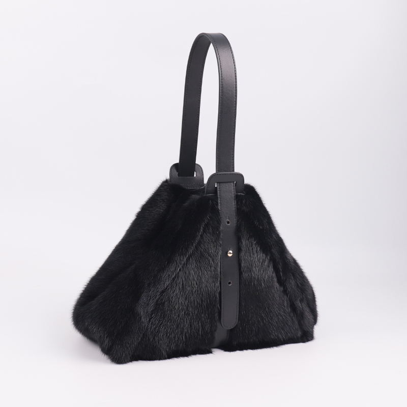 Genuine Mink Fur & Leather Wristlet – Sculptural Luxury in Jet Black — image 2