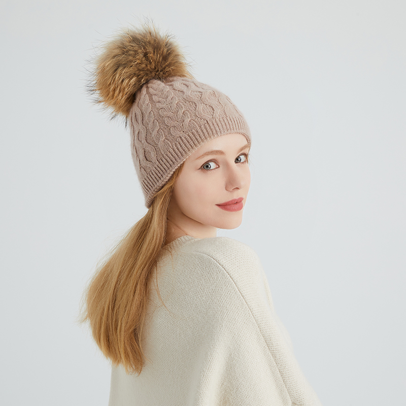 Cable Knit Wool Beanie with Genuine Raccoon Fur Pom – Classic Winter Charm — image 5