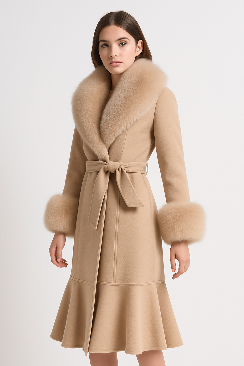 Chic Wool Trench with Fox Fur Trim for Young Modern Women