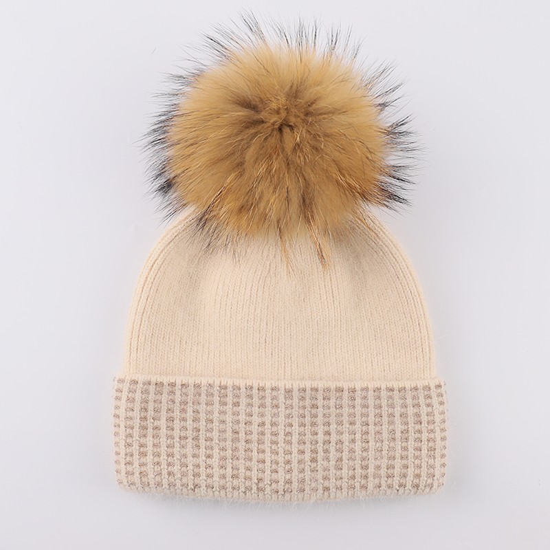 Wool blend knit hat fur pom – Modern Texture Meets Timeless Warmth — image 4