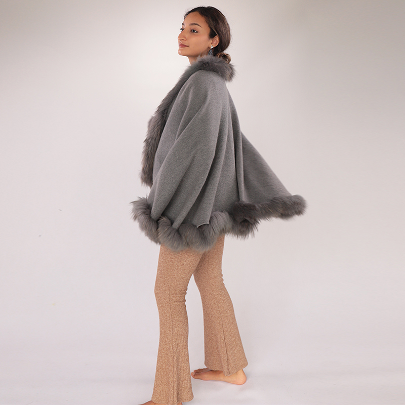 Charcoal Wool Cloak with Raccoon Fur Trim – Shawl-Style Cape
