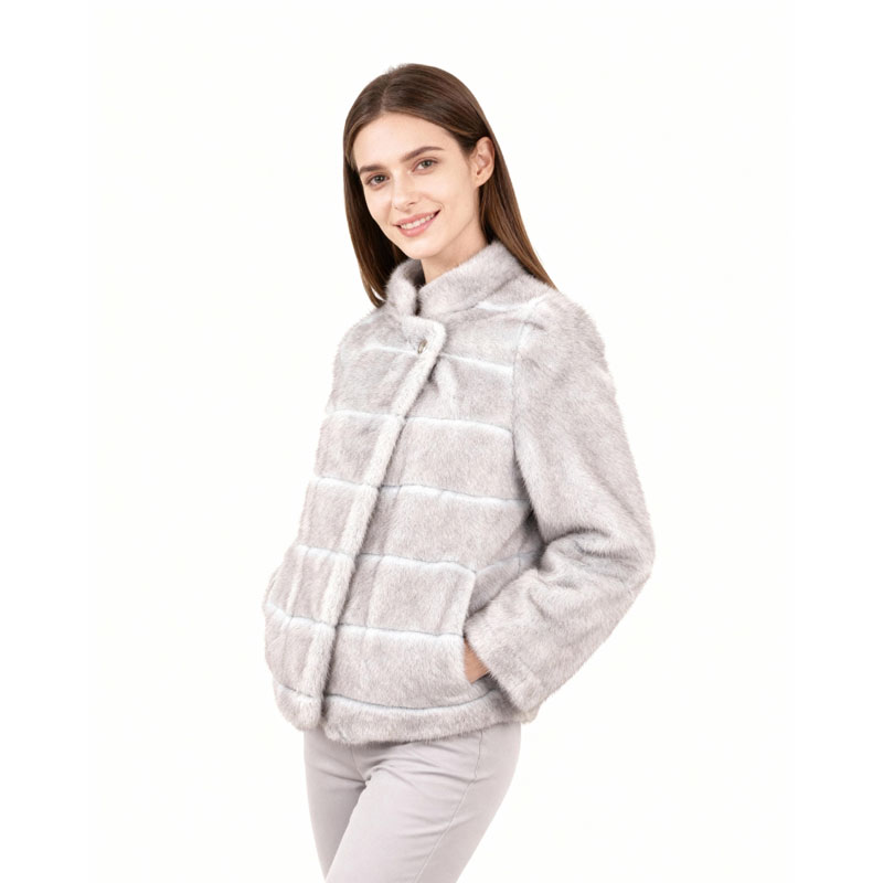 Light Grey Faux Fur Jacket with Stand Collar — image 2