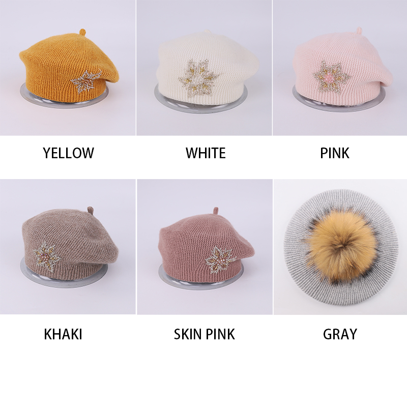 Genuine Raccoon Fur Pom Beaded Angora Beret – Elegant Parisian Style — image 3