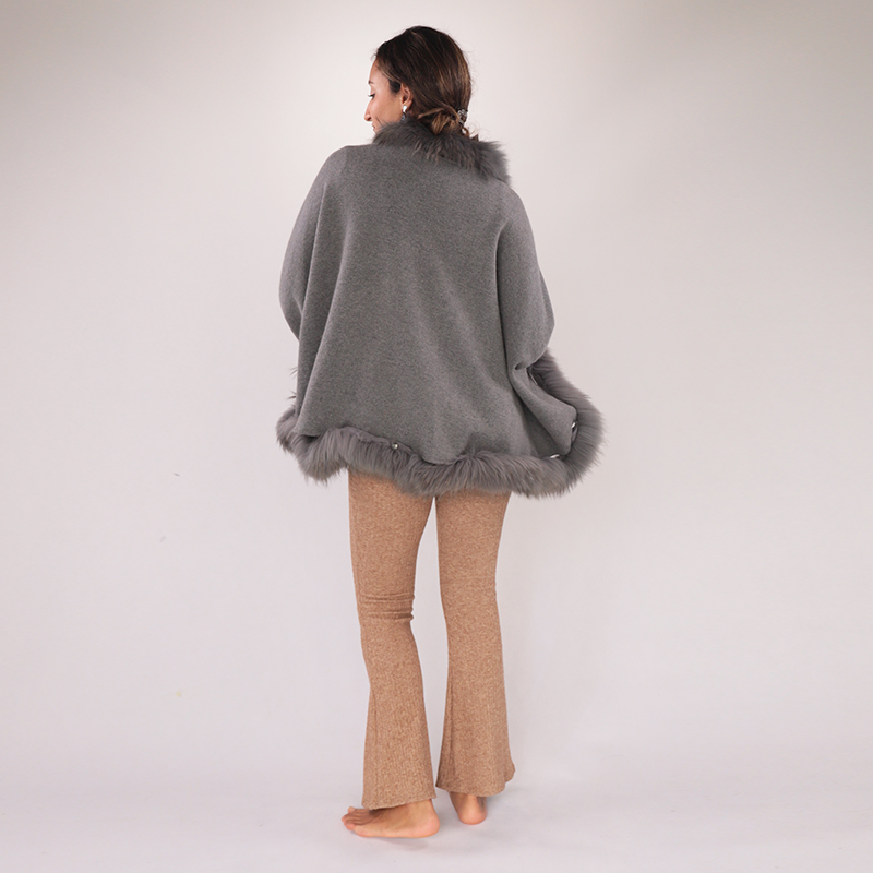 Charcoal Wool Cloak with Raccoon Fur Trim – Shawl-Style Cape — image 4