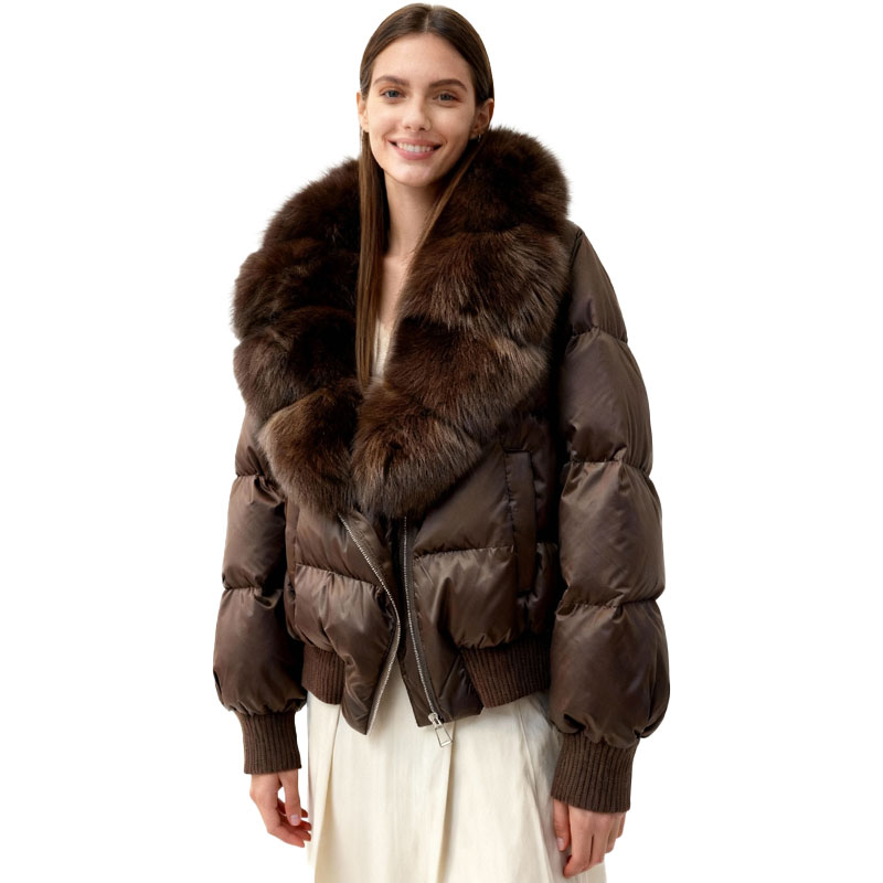 Cropped Brown Down Bomber with Rich Fox Fur Collar — image 2