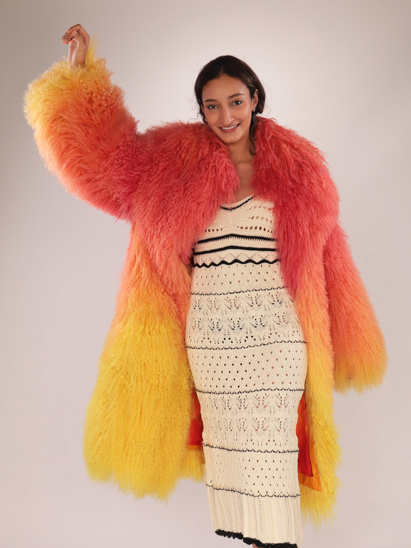Gradient Shearling Wool Coat – Vibrant Elegance in Real Lamb Fur
