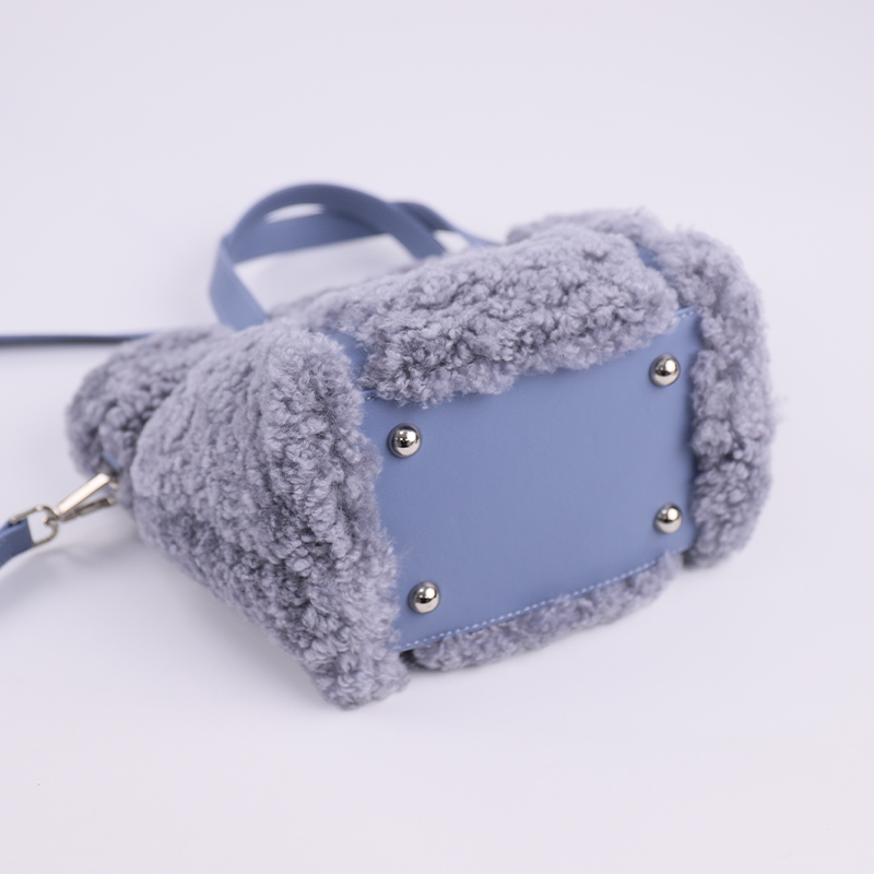 Premium Lamb Fur & Leather Tote – K-Style Soft Grid Texture in Lavender Blue — image 2