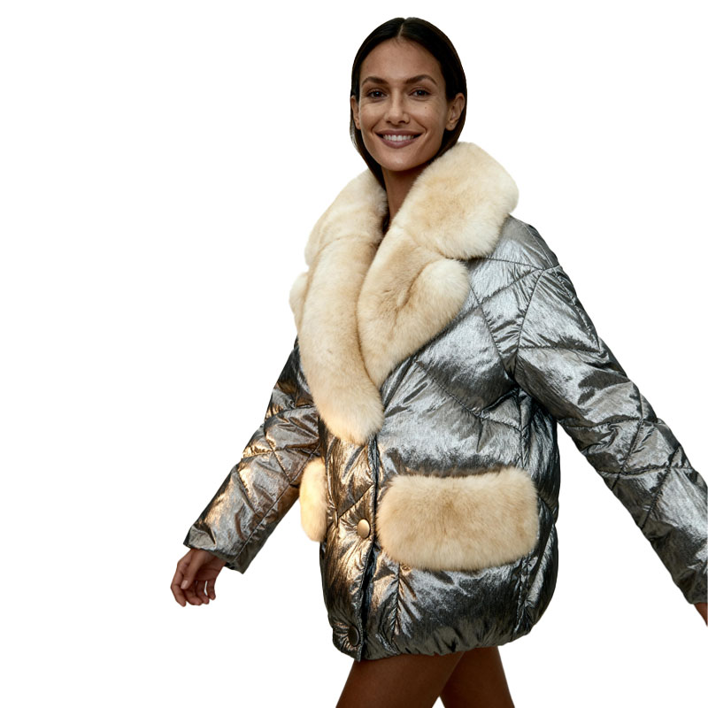Metallic Silver Down Jacket with Cream Fox Fur Trim — image 4