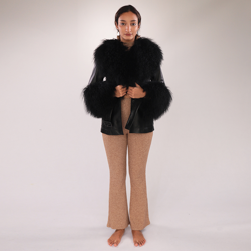 Mid-Length Real Sheepskin Leather Coat with Fluffy Wool Collar & Cuffs
