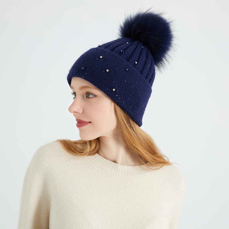 Angora Knit Beanie with Crystal Embellishments & Real Raccoon Fur Pom – Winter Sparkle Series — image 3