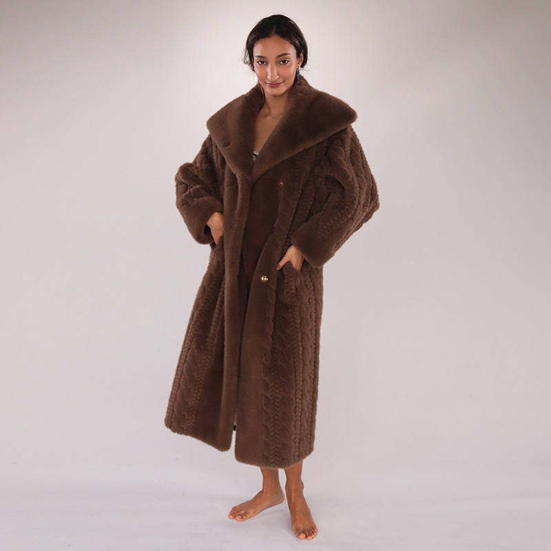Long Chocolate Faux Fur Coat with Braided Detail — image 4