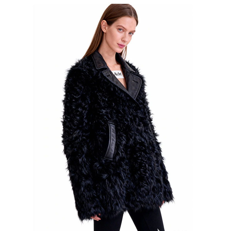 Black Sheepskin Fur Aviator Coat with Leather Trim — image 2