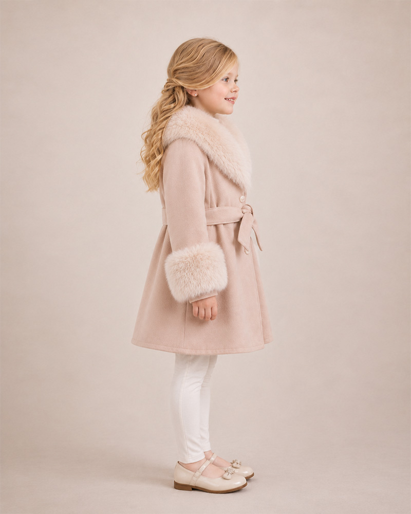 Girls’ Belted Wool Coat with Genuine Fox Fur Collar & Cuffs – Luxury Kids Winter Coat Wholesale — image 2