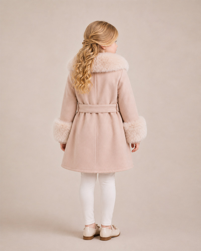 Girls’ Belted Wool Coat with Genuine Fox Fur Collar & Cuffs – Luxury Kids Winter Coat Wholesale — image 3