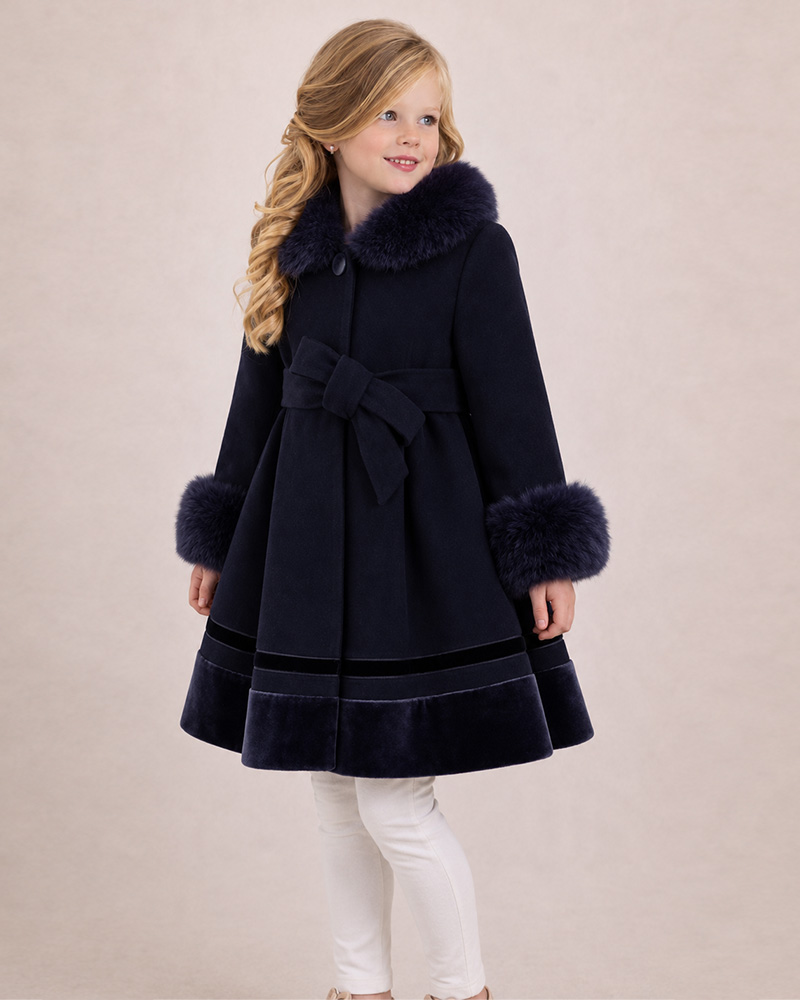 Girls’ Velvet-Trim Wool Coat with Genuine Fox Fur Collar & Cuffs – Luxury Kids Winter Coat Wholesale — image 4
