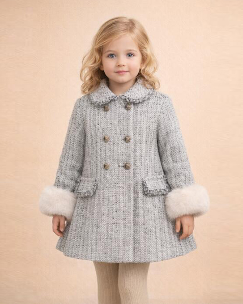 Girls’ Tweed Wool Coat with Genuine Fox Fur Cuffs – Double-Breasted Luxury Kids Winter Coat Wholesale
