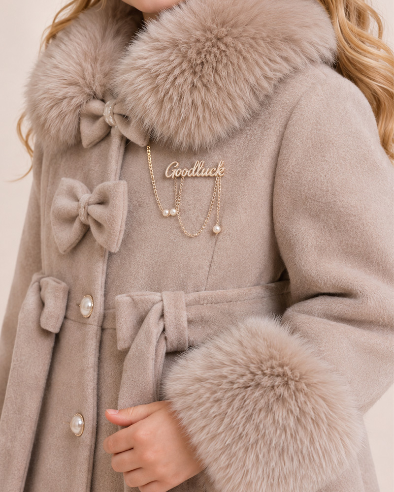 Girls’ Wool Winter Coat with Genuine Fox Fur Collar & Cuffs – Luxury Kids Outerwear for Wholesale — image 4