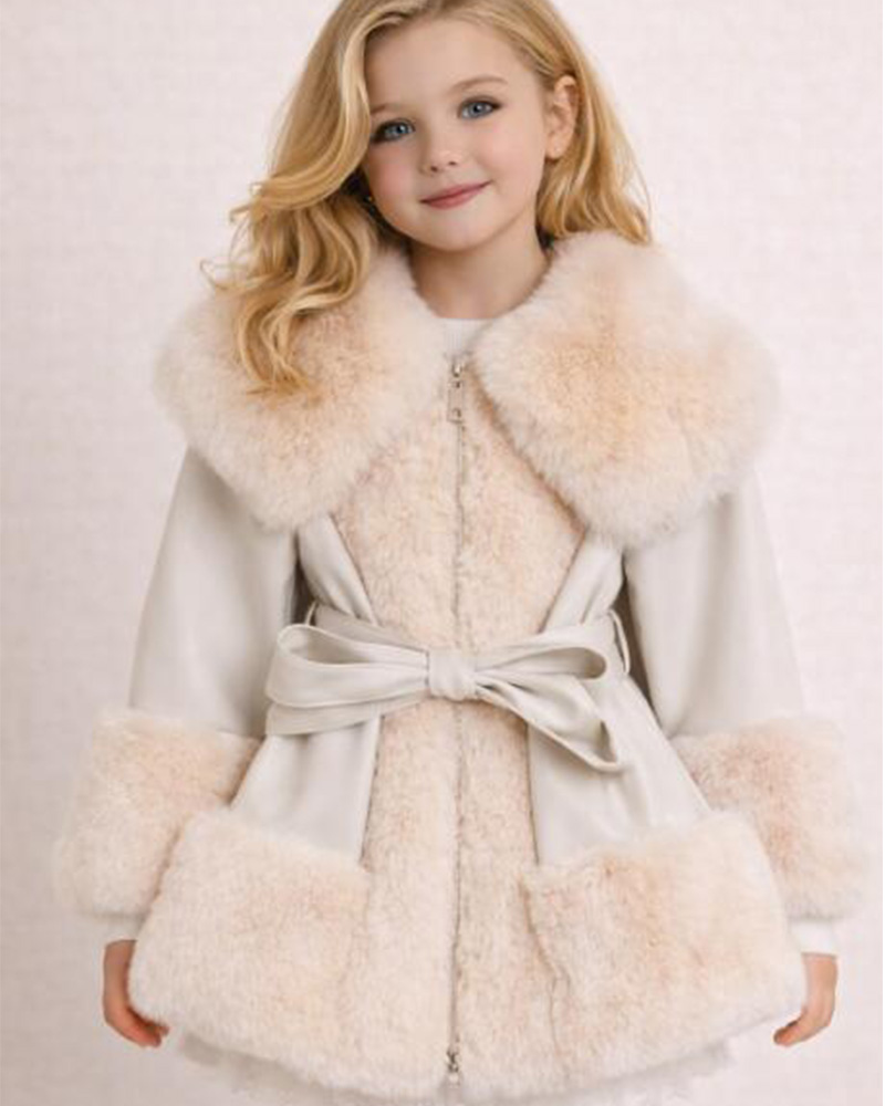 Girls’ Wool Winter Jacket with Genuine Fox Fur Collar & Trim – Belted Luxury Kids Outerwear — image 4