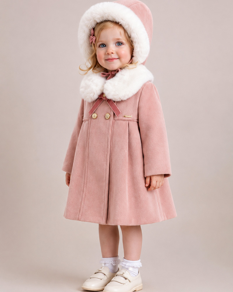 Girls’ Pink Wool Coat with Genuine Fox Fur Collar & Matching Bonnet – Luxury Kids Winter Coat Wholesale — image 2