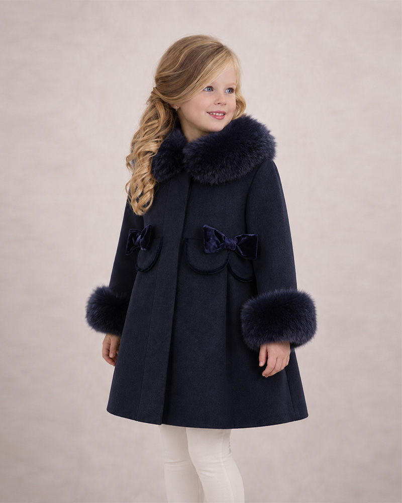Girls’ Navy Wool Coat with Genuine Fox Fur Collar & Cuffs – Luxury Kids Winter Outerwear Wholesale — image 4
