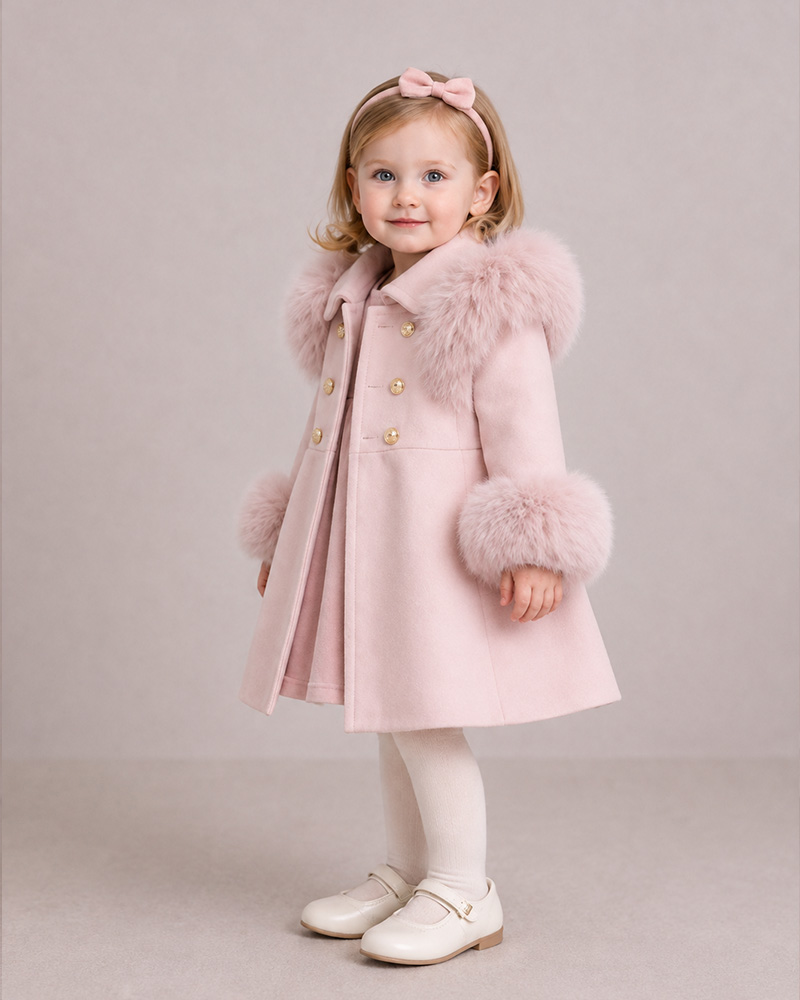 Girls’ Pink Wool Coat with Genuine Fox Fur Shoulder & Cuff Trim – Double-Breasted Luxury Kids Coat Wholesale — image 2