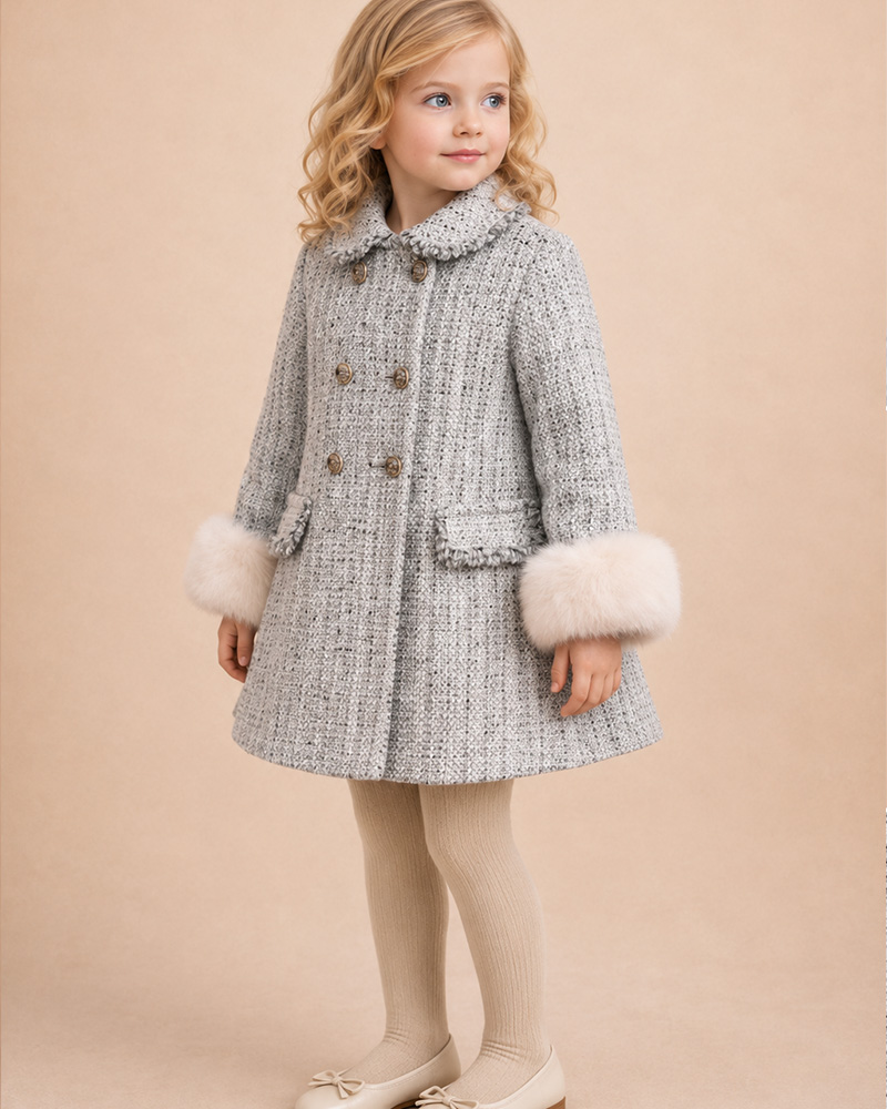 Girls’ Tweed Wool Coat with Genuine Fox Fur Cuffs – Double-Breasted Luxury Kids Winter Coat Wholesale — image 4