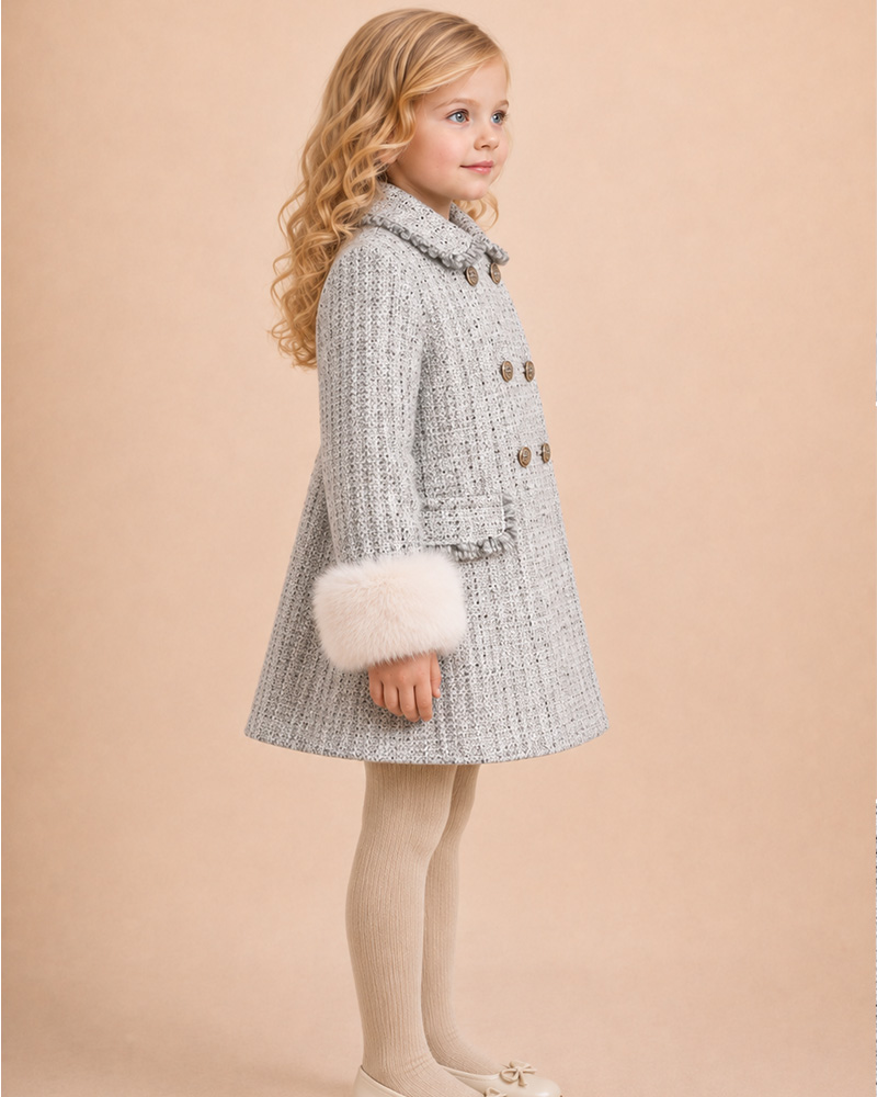 Girls’ Tweed Wool Coat with Genuine Fox Fur Cuffs – Double-Breasted Luxury Kids Winter Coat Wholesale — image 2