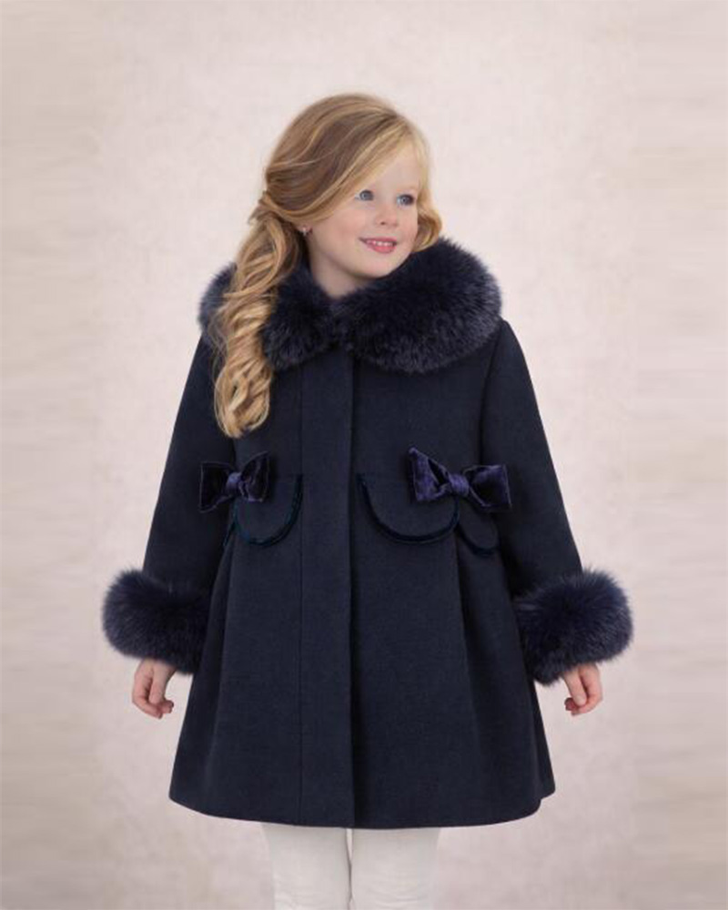Girls’ Navy Wool Coat with Genuine Fox Fur Collar & Cuffs – Luxury Kids Winter Outerwear Wholesale