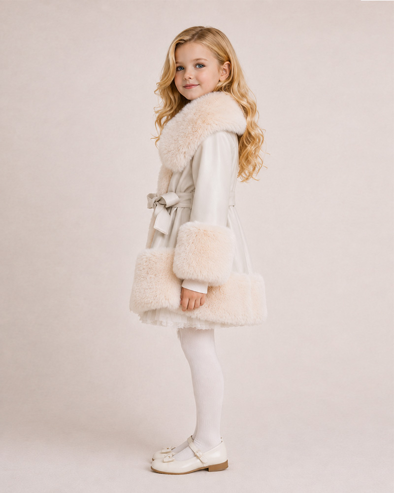 Girls’ Wool Winter Jacket with Genuine Fox Fur Collar & Trim – Belted Luxury Kids Outerwear — image 3