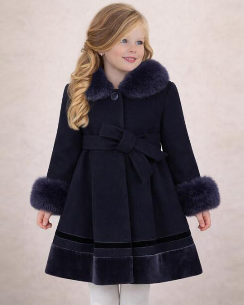 Girls’ Velvet-Trim Wool Coat with Genuine Fox Fur Collar & Cuffs – Luxury Kids Winter Coat Wholesale