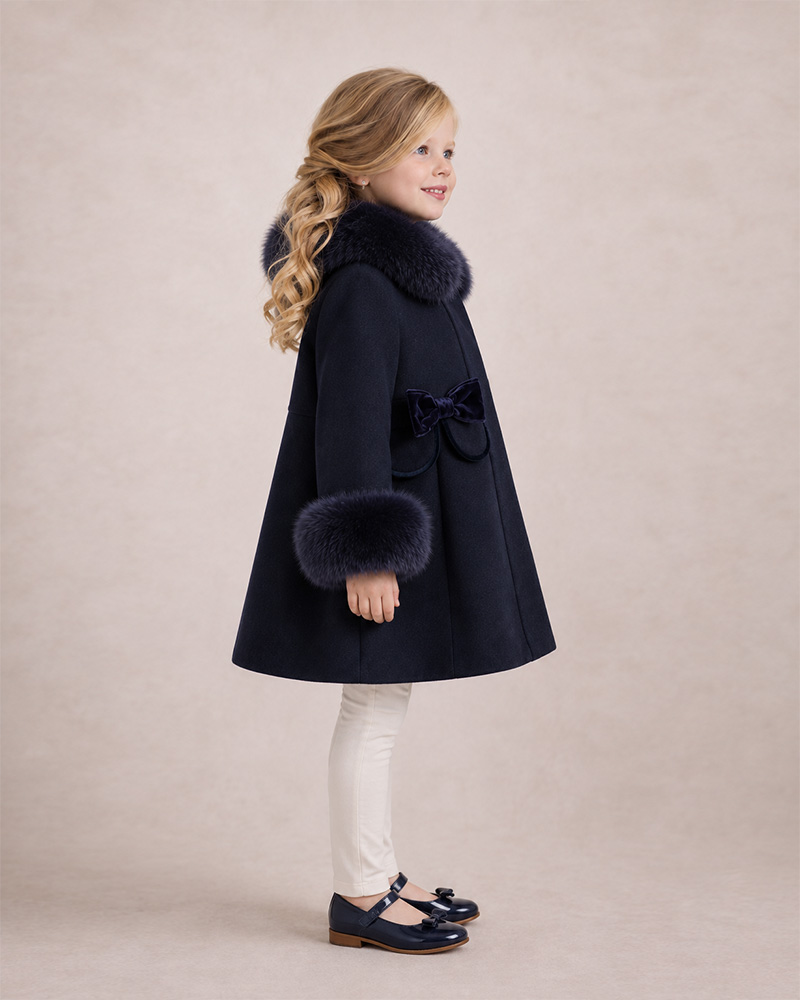Girls’ Navy Wool Coat with Genuine Fox Fur Collar & Cuffs – Luxury Kids Winter Outerwear Wholesale — image 2