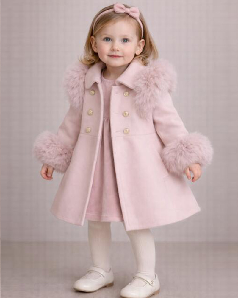 Girls’ Pink Wool Coat with Genuine Fox Fur Shoulder & Cuff Trim – Double-Breasted Luxury Kids Coat Wholesale