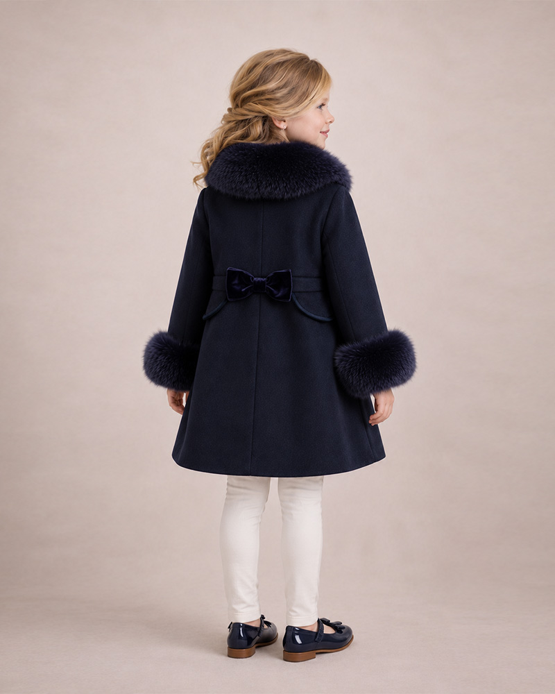 Girls’ Navy Wool Coat with Genuine Fox Fur Collar & Cuffs – Luxury Kids Winter Outerwear Wholesale — image 3