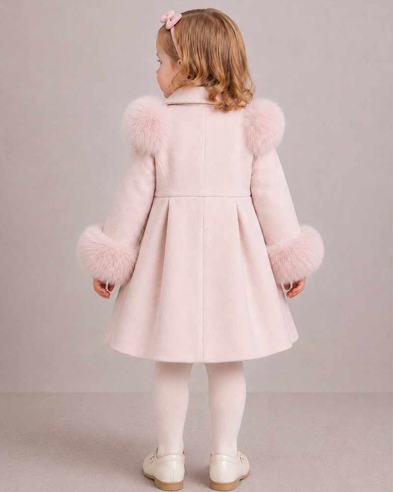 Girls’ Pink Wool Coat with Genuine Fox Fur Shoulder & Cuff Trim – Double-Breasted Luxury Kids Coat Wholesale — image 4