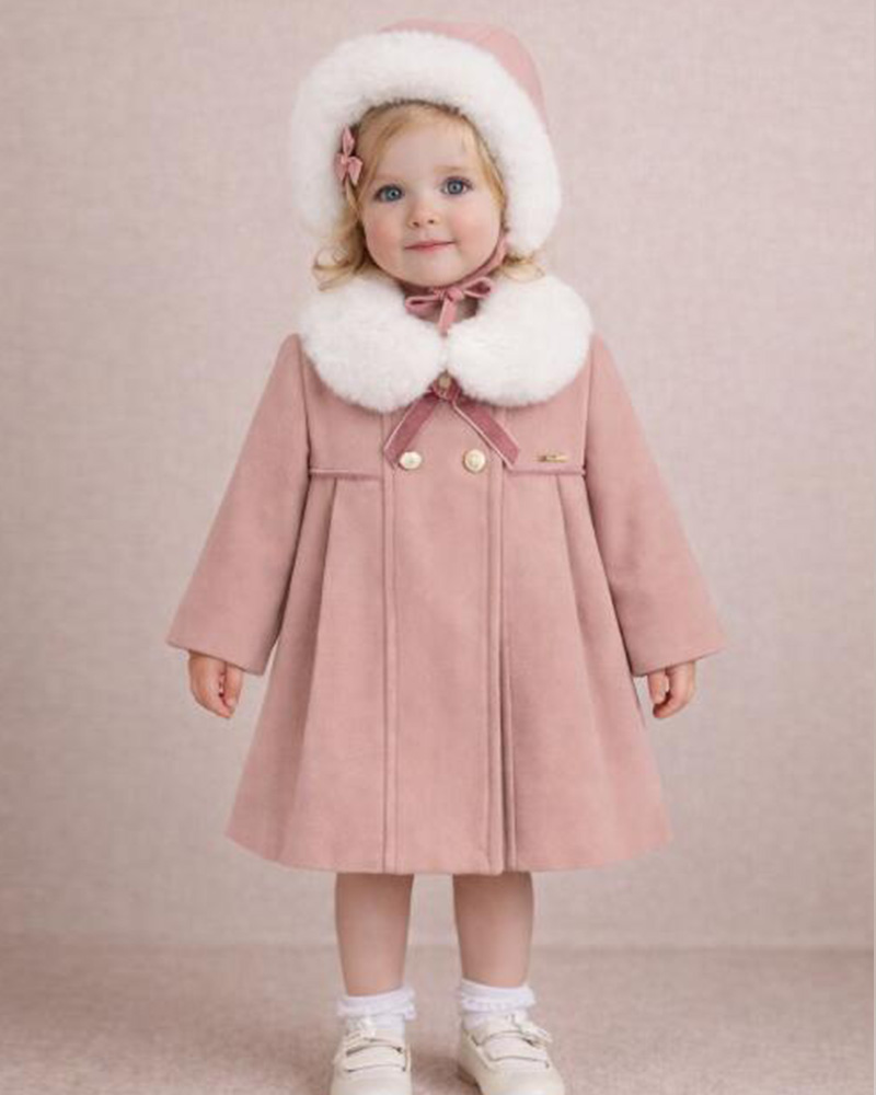Girls’ Pink Wool Coat with Genuine Fox Fur Collar & Matching Bonnet – Luxury Kids Winter Coat Wholesale