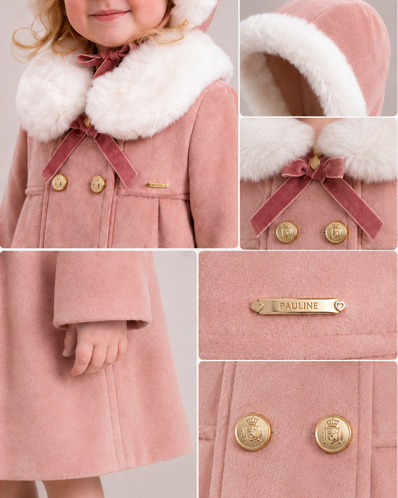 Girls’ Pink Wool Coat with Genuine Fox Fur Collar & Matching Bonnet – Luxury Kids Winter Coat Wholesale — image 5