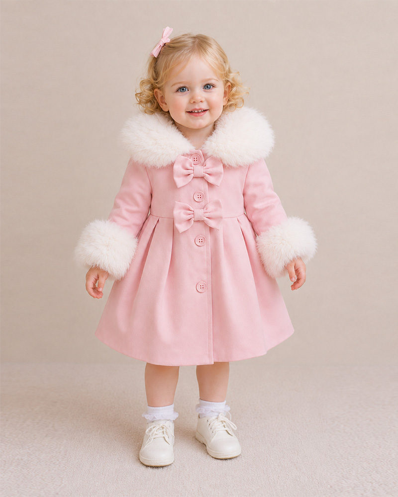 Girls’ Pink Wool Coat with Genuine Fox Fur Collar & Cuffs – Luxury Kids Winter Coat Wholesale