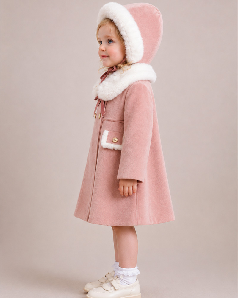 Girls’ Pink Wool Coat with Genuine Fox Fur Collar & Matching Bonnet – Luxury Kids Winter Coat Wholesale — image 3