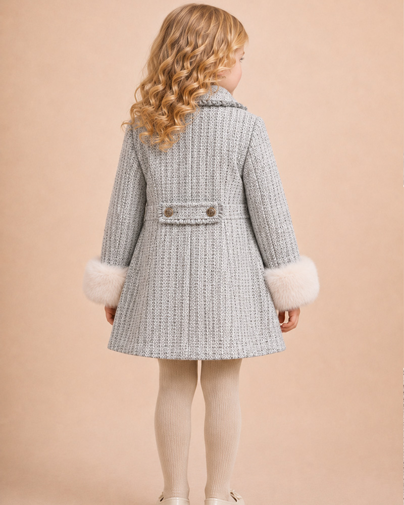 Girls’ Tweed Wool Coat with Genuine Fox Fur Cuffs – Double-Breasted Luxury Kids Winter Coat Wholesale — image 3