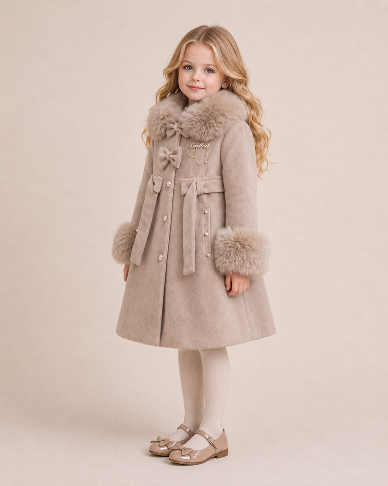 Girls’ Wool Winter Coat with Genuine Fox Fur Collar & Cuffs – Luxury Kids Outerwear for Wholesale