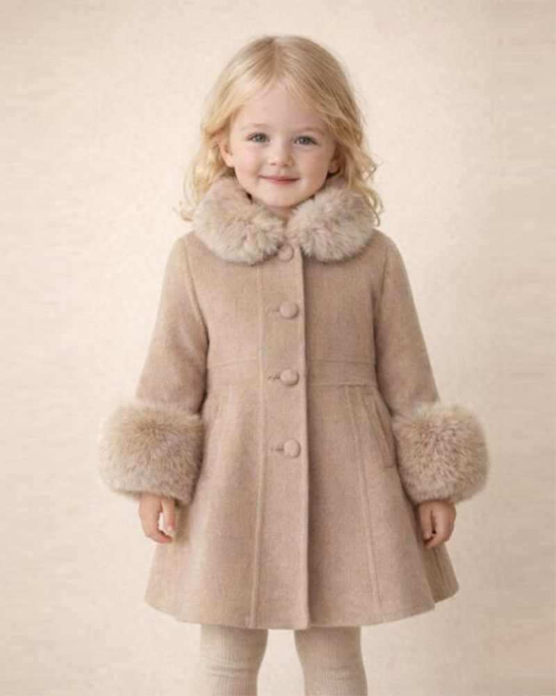 Girls’ Wool Princess Coat with Genuine Fox Fur Collar & Cuffs – Luxury Kids Winter Coat Wholesale