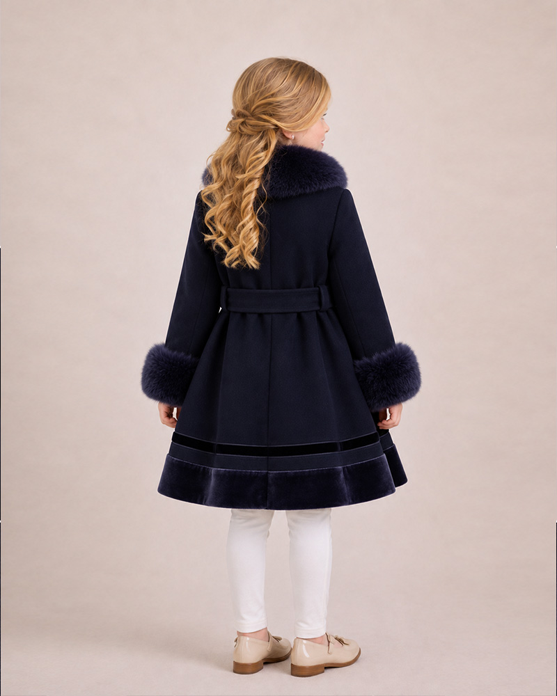 Girls’ Velvet-Trim Wool Coat with Genuine Fox Fur Collar & Cuffs – Luxury Kids Winter Coat Wholesale — image 3