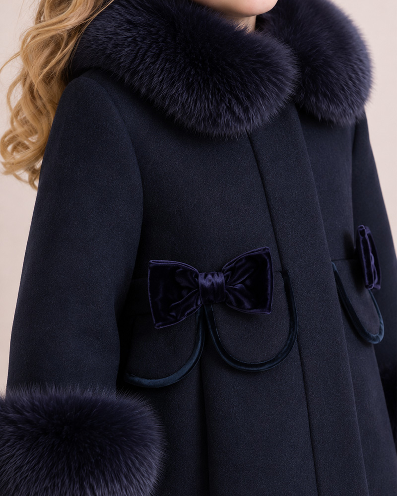 Girls’ Navy Wool Coat with Genuine Fox Fur Collar & Cuffs – Luxury Kids Winter Outerwear Wholesale — image 5