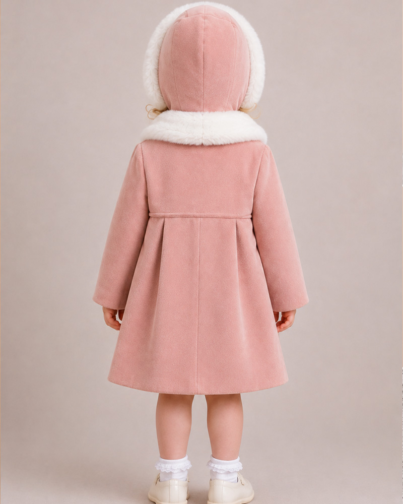 Girls’ Pink Wool Coat with Genuine Fox Fur Collar & Matching Bonnet – Luxury Kids Winter Coat Wholesale — image 4